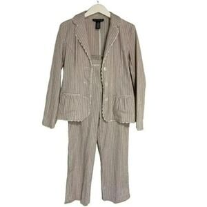 Vintage Dialogue 8 neutral light weight striped seersucker suit lace trim blazer